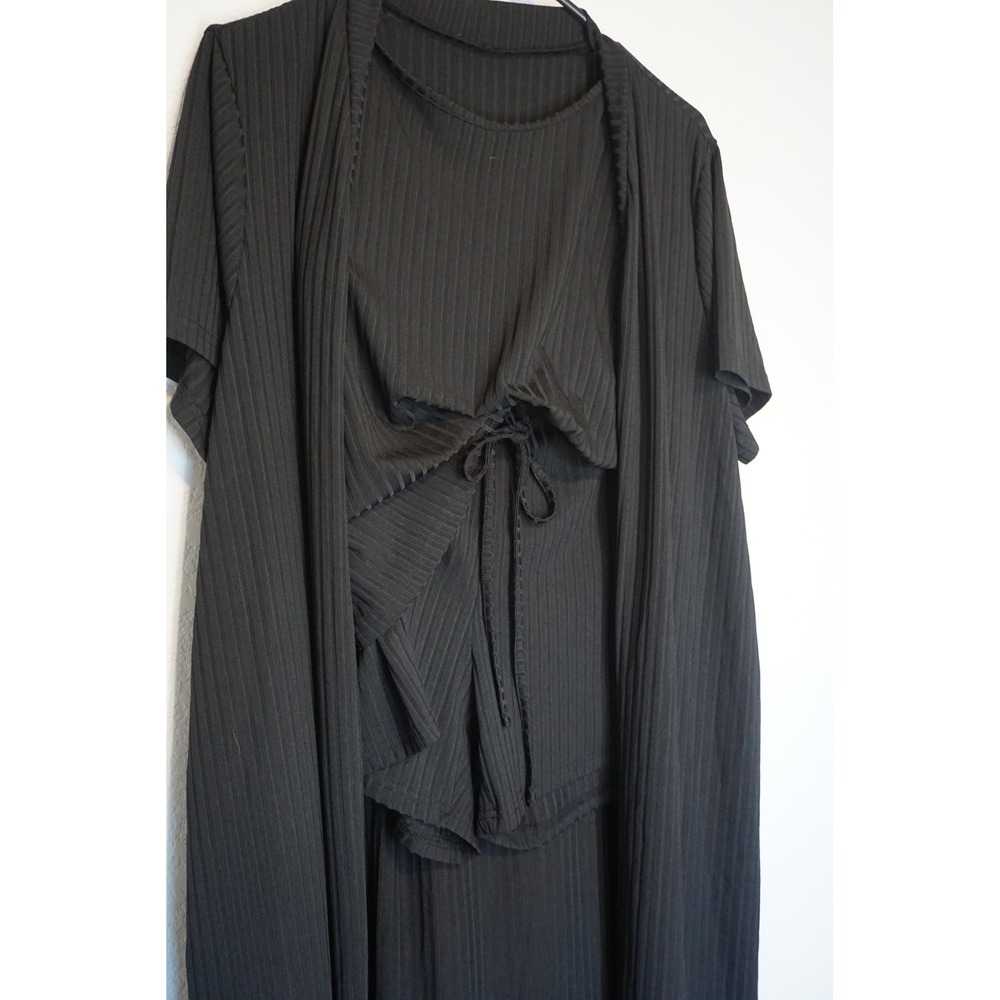 Black Ribbed 3 Piece Loungewear Set Duster Cardigan Camisole Shorts KC.668
